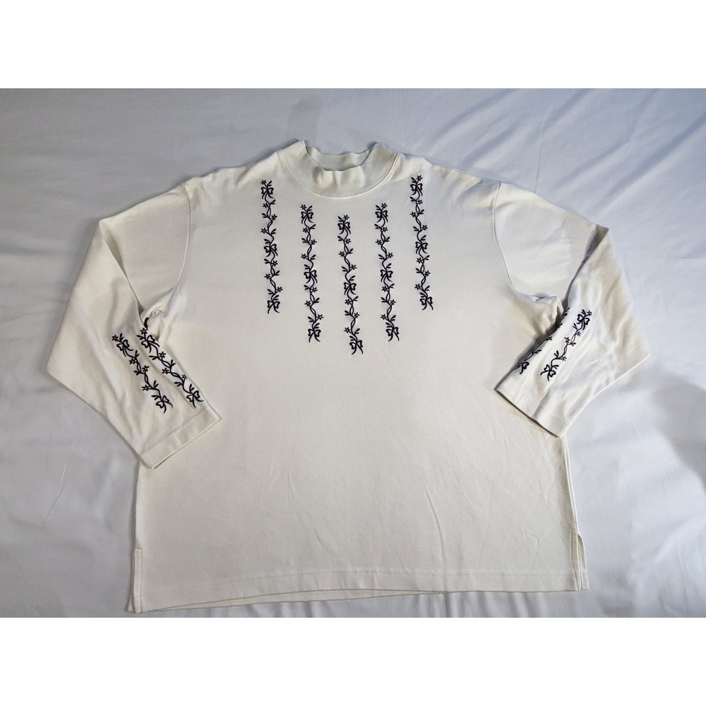 BonWorth Womens Mock Neck Long Sleeve Top Cream Floral Bow Embroidered Size M